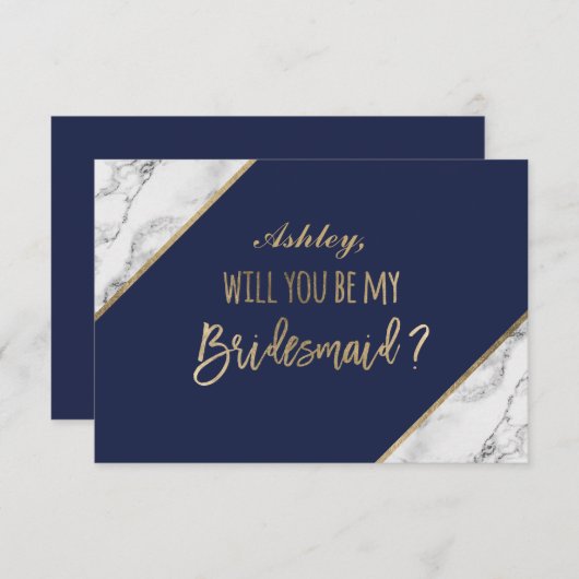 Gold Marmor Script blau sein meine Brautjungfrau Einladung (Vorne/Hinten)