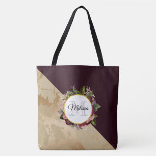 Gold Marmor und Burgund Floral Monogramm Tasche