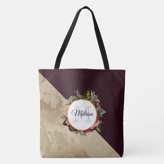 Gold Marmor und Burgund Floral Monogramm Tasche (Vorderseite)
