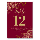 Gold & Maroon Burgundy Elegante Frilly Wedding Tischnummer (Vorderseite)