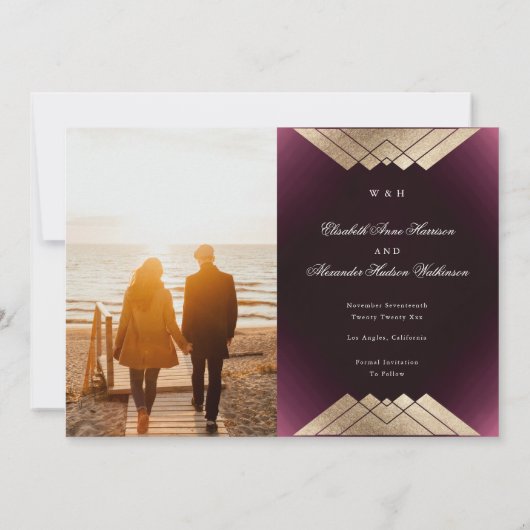 Gold Maroon Geometric Gatsby Foil Save the Date Ankündigung (Rückseite)