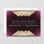 Gold Maroon Geometric Gatsby Foil Save the Date Ankündigungspostkarte (Vorne/Hinten)