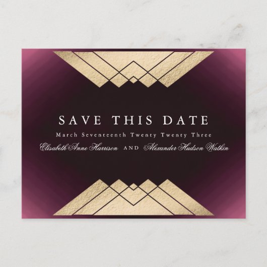 Gold Maroon Geometric Gatsby Foil Save the Date Ankündigungspostkarte (Vorderseite)