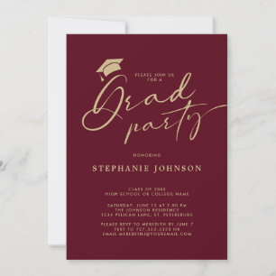 Gold Maroon Grad Cap Calligrafy Graduation Party Einladung
