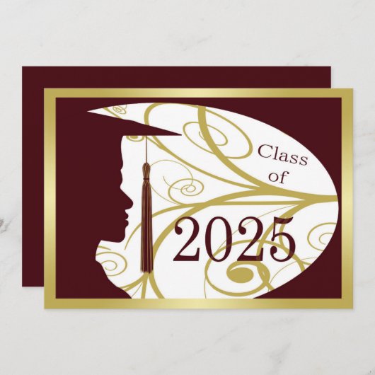 Gold/Maroon Man Silhouette 2025 Graduation Party Einladung (Vorne/Hinten)