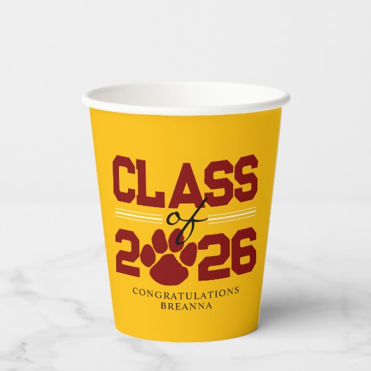 Gold & Maroon Pawprint Klasse des Abschlusses Pappbecher (Rückseite)