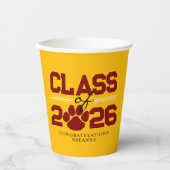 Gold & Maroon Pawprint Klasse des Abschlusses Pappbecher (Vorderseite)