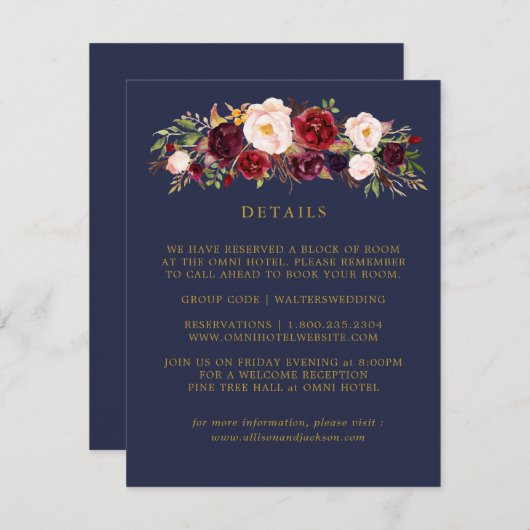Gold Marsala Floral Wedding Details Cards Begleitkarte (Vorne/Hinten)