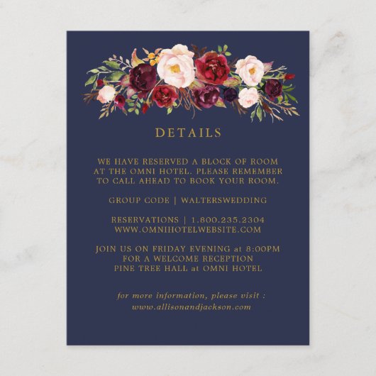 Gold Marsala Floral Wedding Details Cards Begleitkarte (Vorderseite)