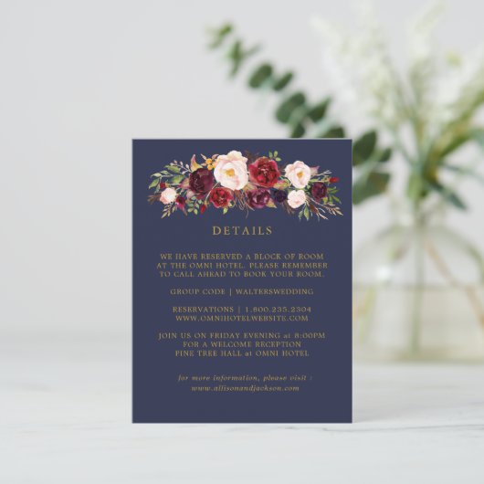 Gold Marsala Floral Wedding Details Cards Begleitkarte (Stehend Vorderseite)