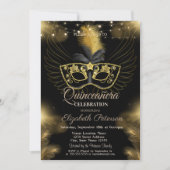 Gold Maske Diamonds Lights Black Quinceañera Einladung (Vorderseite)