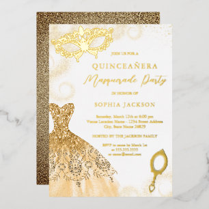 Gold-Maskenball-Kleid Quinceanera-Folie-Einladung Folieneinladung