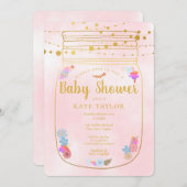 Gold Mason Jar String Lights Pink Baby Dusche Einladung (Vorne/Hinten)