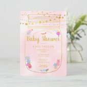 Gold Mason Jar String Lights Pink Baby Dusche Einladung (Stehend Vorderseite)