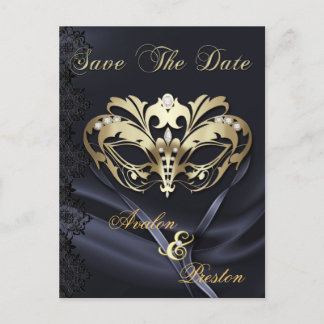 Gold Masquerade Black Jewel Save the Date Postcard Ankündigungspostkarte
