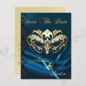 Gold Masquerade Blue Jewel Save the Date Postcard Ankündigungspostkarte (Vorne/Hinten)