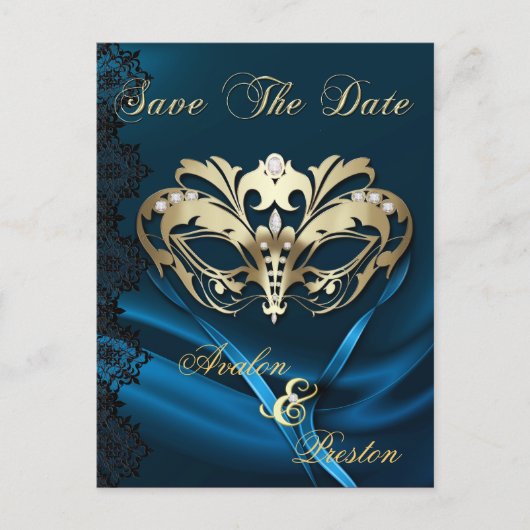 Gold Masquerade Blue Jewel Save the Date Postcard Ankündigungspostkarte (Vorderseite)