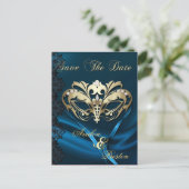 Gold Masquerade Blue Jewel Save the Date Postcard Ankündigungspostkarte (Stehend Vorderseite)