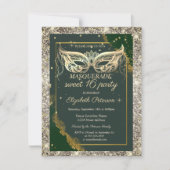 Gold Masquerade Glitter Green Sweet 16  Einladung (Vorderseite)