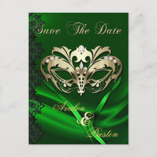 Gold Masquerade Green Jewel Save the Date Postcard Ankündigungspostkarte