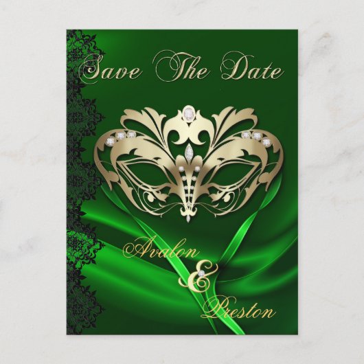 Gold Masquerade Green Jewel Save the Date Postcard Ankündigungspostkarte (Vorderseite)