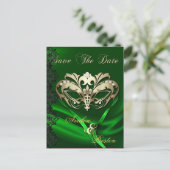 Gold Masquerade Green Jewel Save the Date Postcard Ankündigungspostkarte (Stehend Vorderseite)