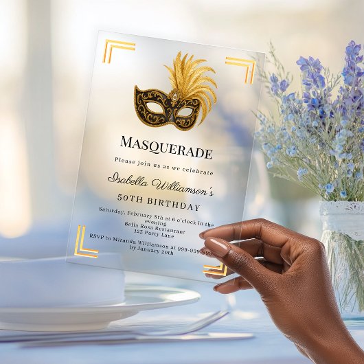 Gold Masquerade luxury clear birthday party Acryleinladungen