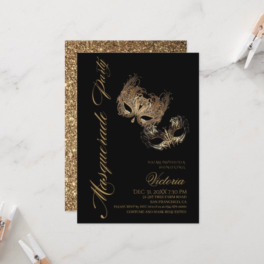 Gold Masquerade Party Geburtstag Einladung (Vorderseite/Rückseite Beispiel)