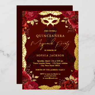 Gold Masquerade Party Rote Rose Kleid Quinceanera Folieneinladung