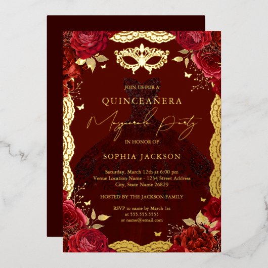 Gold Masquerade Party Rote Rose Kleid Quinceanera Folieneinladung (Vorderseite/Rückseite)