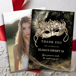 Gold Masquerade Sweet 16 Photo Thank You Card  Einladung