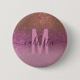 Gold Mauve Lila Funkelnd Glitzer Ombre Monogram Button