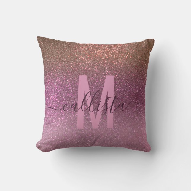 Gold Mauve Lila Funkelnd Glitzer Ombre Monogram Kissen (Vorderseite)