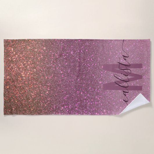Gold Mauve Lila Funkelnd Glitzer Ombre Monogram Strandtuch (Vorderseite)