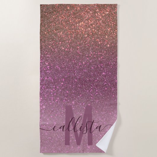 Gold Mauve Lila Funkelnd Glitzer Ombre Monogram Strandtuch (Vorderseite)