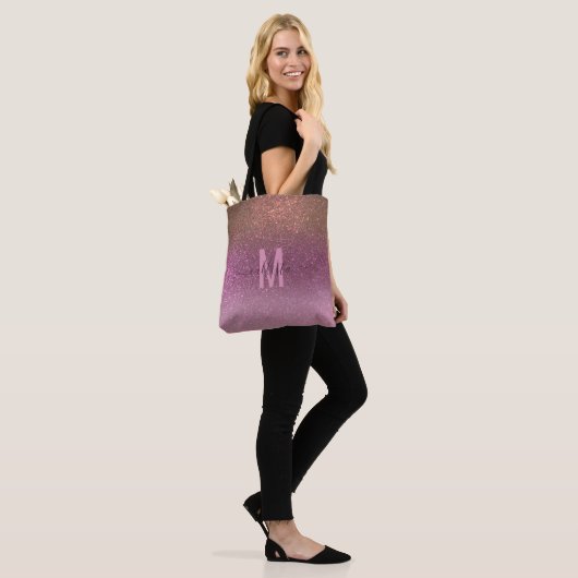 Gold Mauve Lila Funkelnd Glitzer Ombre Monogram Tasche (Am Model)