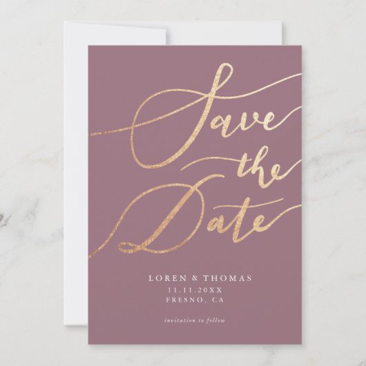 Gold Mauve Script Typografie Save The Date (Vorderseite)