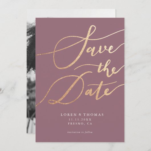 Gold Mauve Script Typografie Save The Date (Vorne/Hinten)