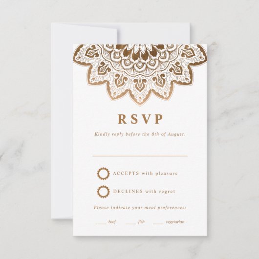 Gold Medallion Elegant Mandala Wedding RSVP Karte (Vorderseite)