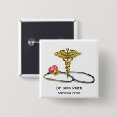 Gold Medical Caduceus & Stethoscope with Heart Button (Vorne & Hinten)