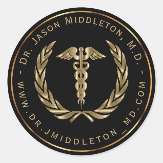 Gold Medical Symbol auf schwarz Runder Aufkleber (Vorderseite)
