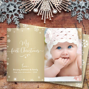 Gold Mein erstes Weihnachtsbaby Foto Schneeflocken Feiertagskarte