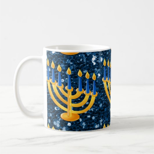 Gold Menorah Blue Imitats Glitzer Kaffeetasse (Links)