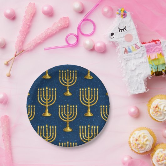 Gold Menorah Pattern Hanukkah Pappteller (Party)