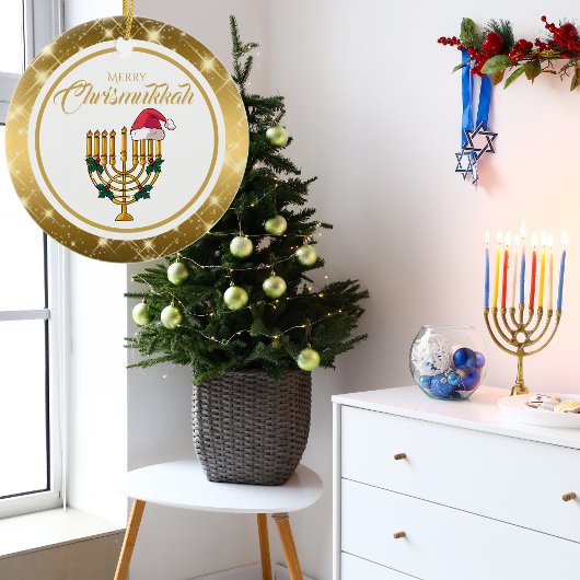 Gold Menorah Santa Hanukkah Merry Chrismukkah Keramik Ornament