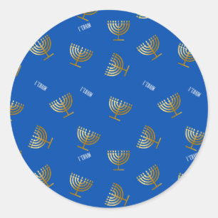 Gold Menorah und L'chaim Blue Runder Aufkleber