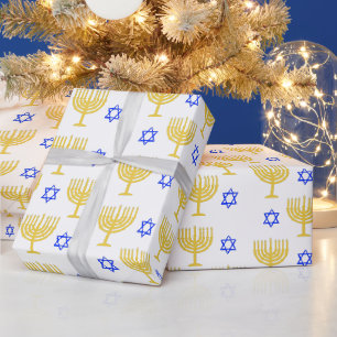 Gold Menorahs + Blue Stars Geschenkpapier