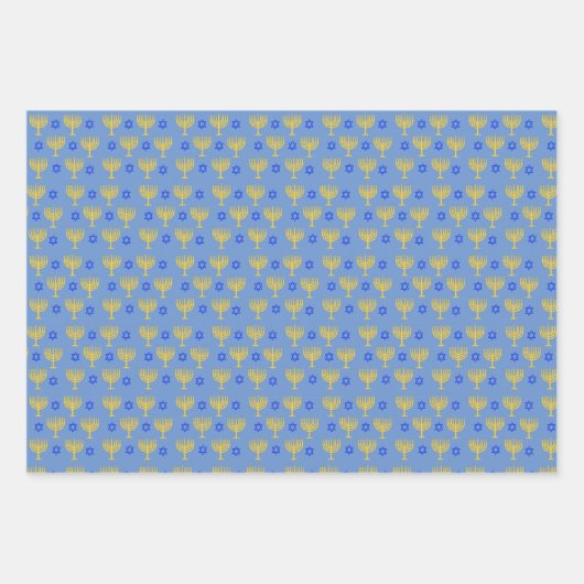 Gold Menorahs + Blue Stars Wrapping Paper Sheets Geschenkpapier Set (Vorderseite 3)
