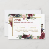 Gold Merlot Blue Floral Wedding Response Card RSVP Karte (Vorderseite)