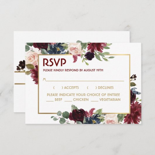 Gold Merlot Blue Floral Wedding Response Card RSVP Karte (Vorne/Hinten)